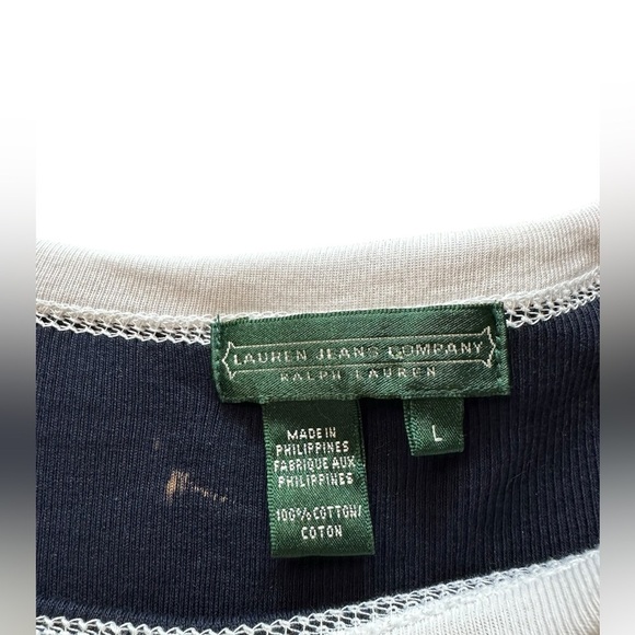 Lauren Jeans Co. Ralph Lauren Navy Contrast Ringer Tee Y2K Patch Detail Size L - Picture 5 of 7